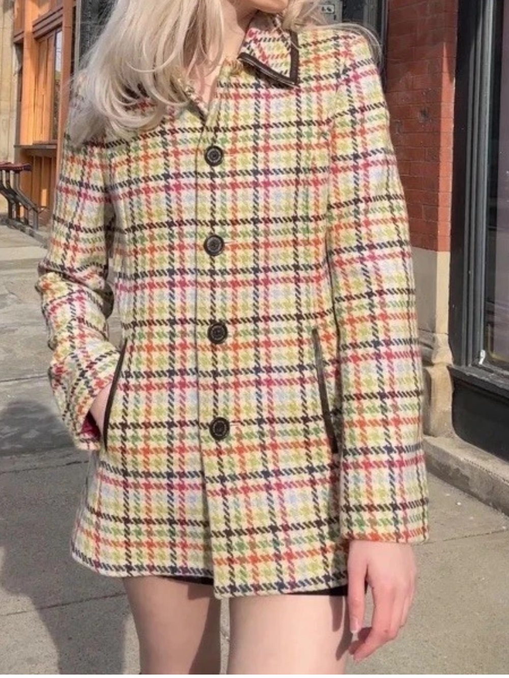 Coach Tattersall Hampton Tweed Plaid Rainbow Houndstooth Wool Pea Coat Jacket XS